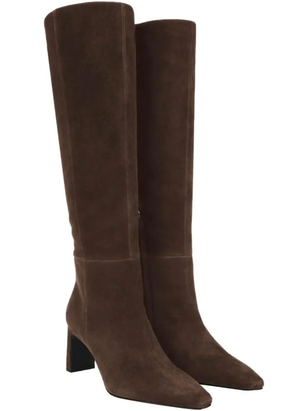Women's Chocolate Chunky Heel Pointed Toe Faux Suede Side Zipper Knee High Boots